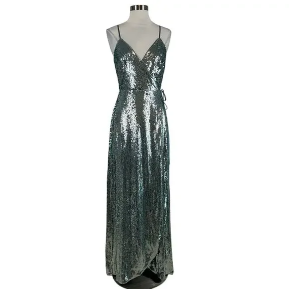 Aidan Mattox Sequined Wrap Evening Gown Size 8 Sparkly Green-Blue Formal Dress - Picture 2 of 13
